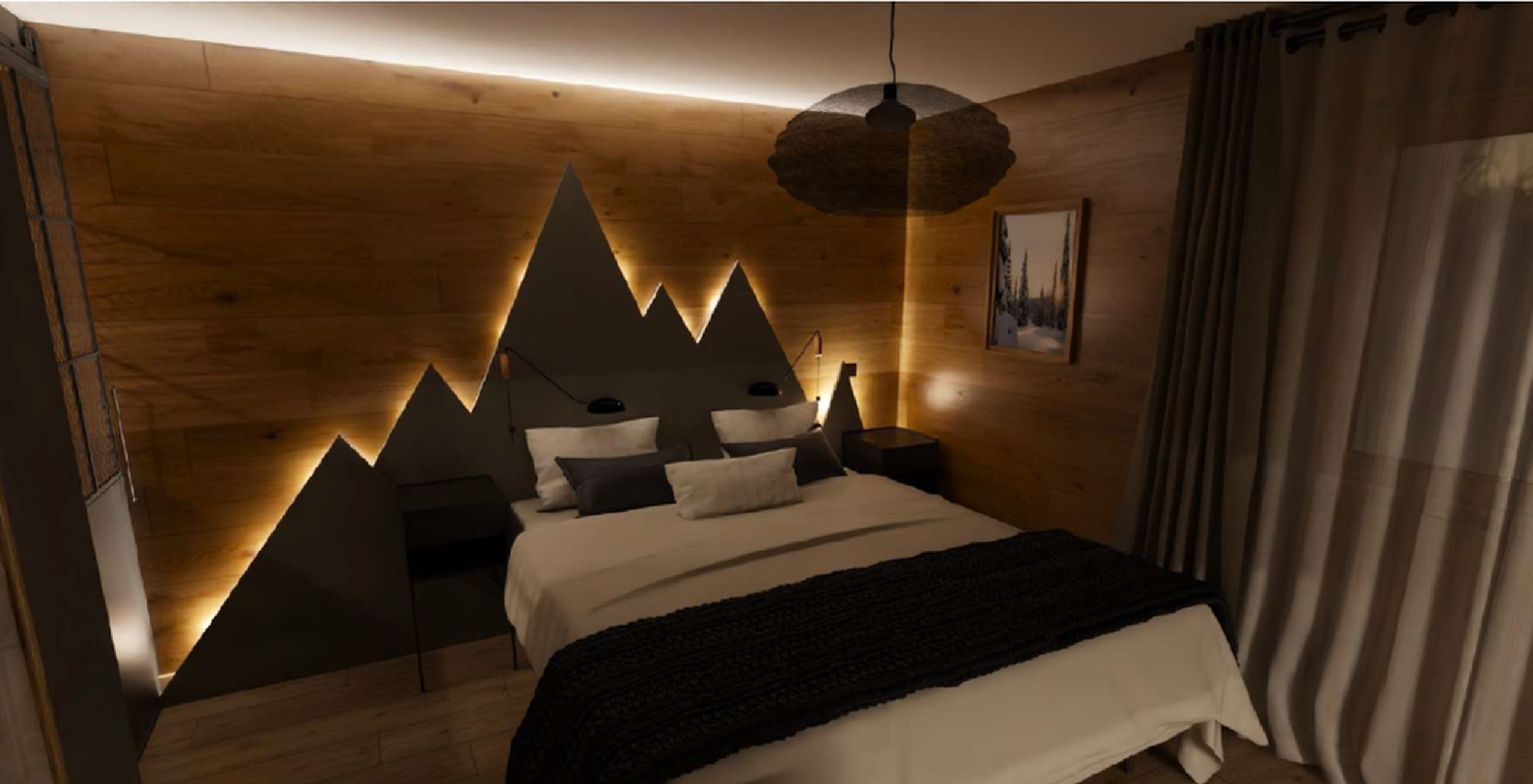 Chambre design d'un chalet du Haut-Jura, tête de lit montagne rétroéclairée